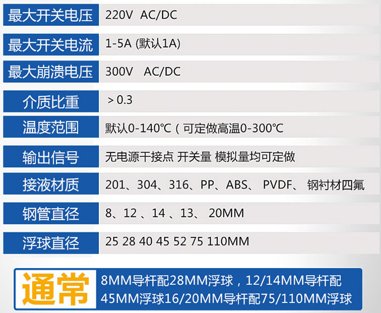 干簧管式浮球液位計(jì)技術(shù)參數(shù)對(duì)照表